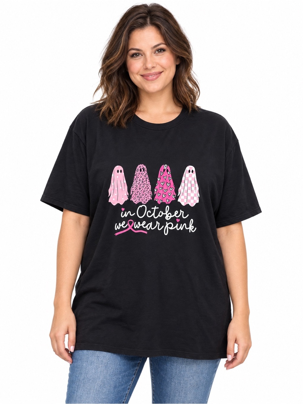 Women’s Black Short Sleeve Tee with Pink Awareness Ghosts